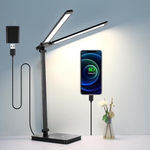 Semlos Dual Arm LED Desk Lamp for Bedroom, Reading Light with 25 Lighting Modes, USB Charging Port, Touch Control Table Lamp for Bedsides, Study, Work, Sleep, Adapter Included, Black