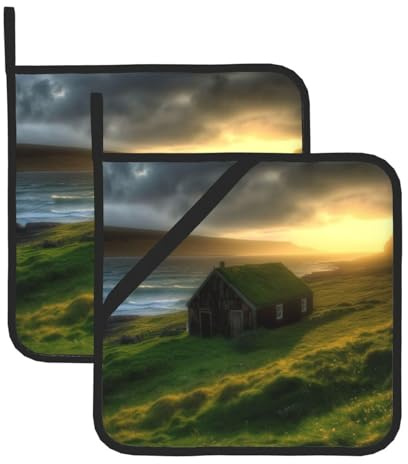 Iceland Hut Grass Coast Sea Sun Rays Print Pot Holders Set of 2 Kitchen Heat Resistant Hot Pads with Pocket Waterproof Potholder for Cooking Baking Oven BBQ Housewarming Gift
