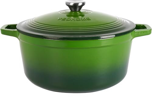 Cocotte Fonte Émaillée VeoHome 6L, Faitout Ultra Résistant,Marmite Compatible Induction/Gaz/Four, Cuisson Homogène, Saveurs Authentiques, Couvercle Relief (Vert, Ronde 6 Litres (28 cm))