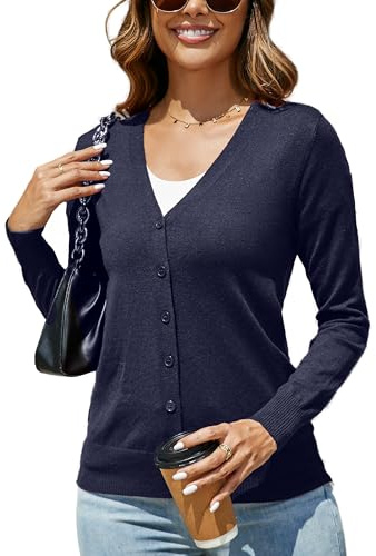 Dosieyeo Cárdigan de punto de manga larga para mujer, cuello en V, cárdigan largo con botones, chaqueta de punto fino suave y ligero para otoño