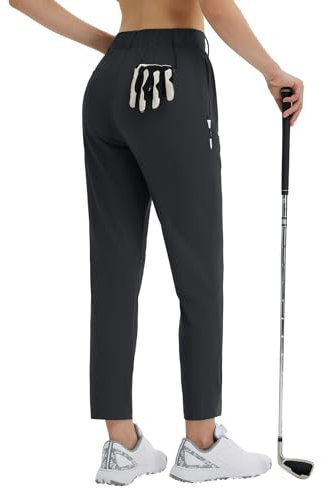 BALEAF Damen-Golfhose, Stretch, mit Gürtelschlaufen, Reißverschlusstaschen, Reisen, Freizeit, Arbeit, Bussiness, Kleid UPF 50+, Schwarz , L