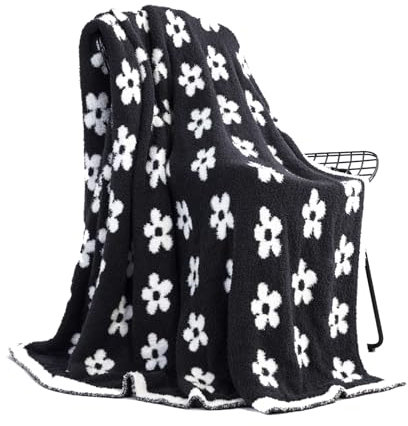 YT-KOKE Floral Knitted Throw Blanket, Small Flowers Breathable Blanket, Soft Cozy Blanket for Chair Sofa Office Travel (Charcoal Grey,127x153cm)