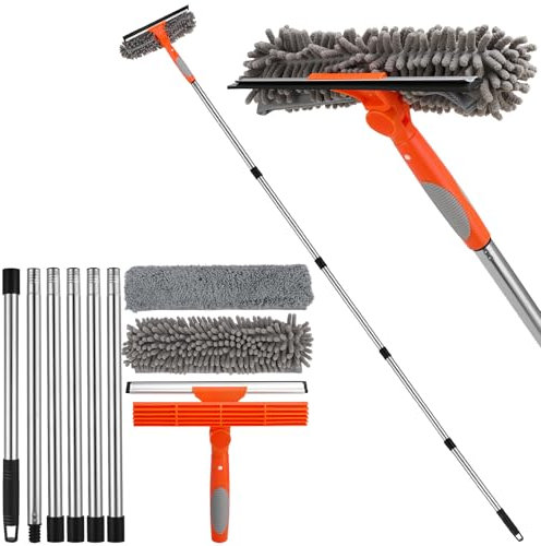 2 en 1 Professionnel Raclette Vitre,Kit Nettoyage Vitre avec Manche Telescopique 240cm,Lave-vitres Télescopique avec Tête Flexible,pour Vitres Hautes Intérieur,Gris