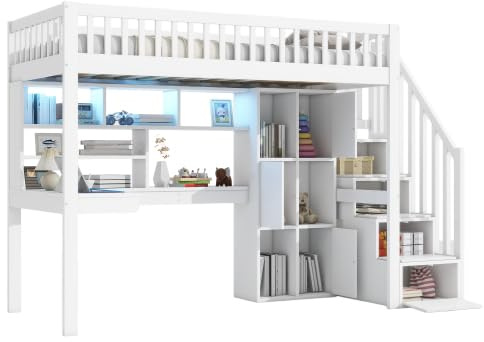 Loftsäng barnsäng 90 × 200 cm med lagringsutrymme, trappa och skrivbord, träsäng, funktionell säng, enkelsäng med hyllor och förvaringsfack för pojkar eller flickor, utan madrass, vit