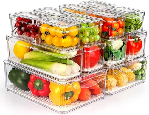IVODEELA 14 Pack Fridge Organisers with Lids,Stackable Clear Fridge Storage Containers,BPA Free Pantry Organizers and Storage With Drain Tray for Fruit,Salad,Egg,Vegetable,Cheese,Meat,Can