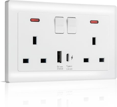 Ainiv Double Plug Socket, 2 Gang 13A Twin Electric Double Sockets, Switched Wall Socket with Charge Type A and Type C USB Charging Ports, Electrical Power Outlets, White