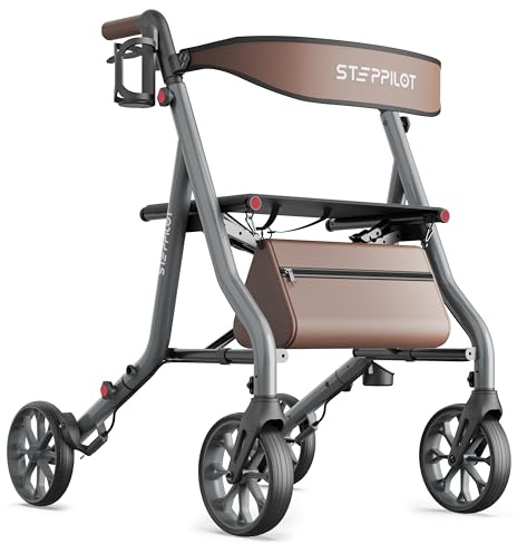 Steppilot Zero Wobble Rollator Walker with Seat for Seniors, 8 All Terrain Wheels with Dual Brake, Padded Seat & Ergonomic Backrest, Cup Holder & Cane Clip, One-Hand Folding, 7-Level Adjustable