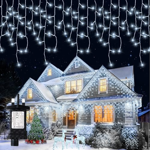 Tenda Luminosa Esterno 12,8+5M Luci Natale Esterno 400LED Decorazioni Casa Luci di Natale da Esterno Cascata 8 Modalità IP65 Impermeabile Luci Stalattiti per Balcone Tetto Giardino - Bianco Freddo