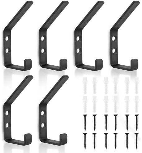 Coat Hooks, Pack of 6 Double Wall Coat Hooks, Black, Wall Hooks for Screwing, Hooks for Acoustic Panels, Wardrobe, Coat Rack, Living Room, Bedroom, Bathroom, Kitchen