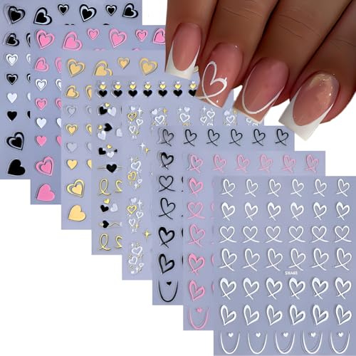8 Sheets Heart Nail Art Stickers 3D Self Adhesive Gold Pink Nail Decals Black White Valentine Nail Stickers for Nail Art Heart Nails Design Valentine Day Nails Supplies for Women Girls