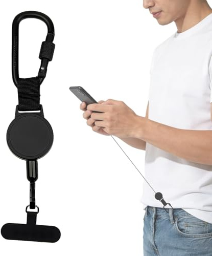 KAFZEL 1 Pezzi Cordino Retrattile per Cellulare, Cordino per cellulare, Cor-dino telefono, cordoncino per cell-ulare, Portachiavi Antifurto con Gancio in Metallo Bloccabile, Nero