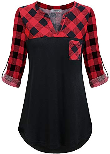 MOQIVGI Checked Shirts for Women,Long Sleeve V Neck Plaid Tunic Tops 3/4 Sleeve Juniors Cute Work Casual Comfy Slimming Color Block Blouses with Chest Pocket Red Black XX-Large