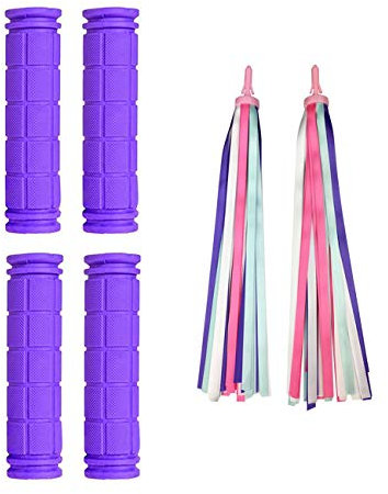PLATT Bicycle Handle Bar Grips 2 Pairs Colorful Rubber Mushroom Grips with Ribbons Streamers for Balance Bikes, Scooters, and BMX Bicycle Handlebars