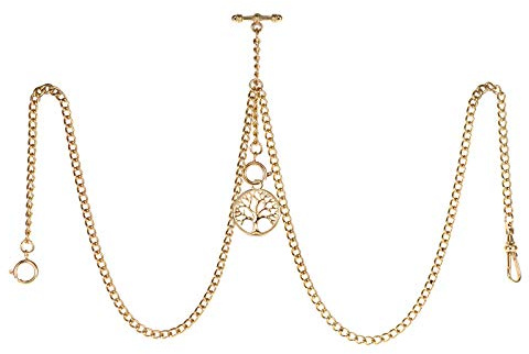 TREEWETO Men's Double Albert Chain Pocket Watch Curb Link Key Chain 3 Hooks with Antique Gold Life Tree Pendant Design Charm Fob T Bar