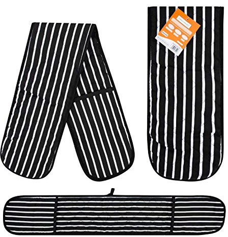 RASH Accessories Double Oven Gloves Butcher Quilted Stripe Pot Holder Heat Resistant Mitt 100% Cotton (Black)