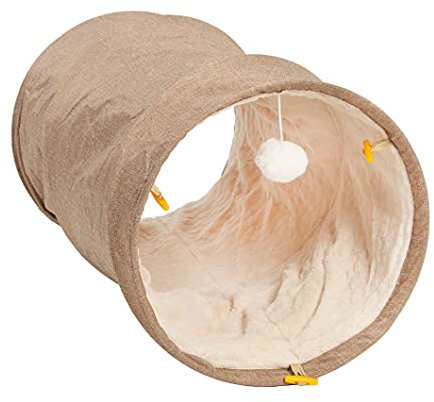 CanadianCat Company | Spieltunnel für Katzen mit Kuschelfell | beige | ca. 35 x 70 cm - Variable Form, integriertes Katzenspielzeug