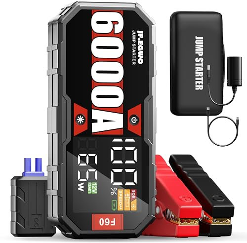 JF.EGWO F60 Starthilfe Powerbank, 6000A 32000mah 12V (Alle Benzin und Bis Zu 13L-Diesel) Supersafe Tragbare Auto Batterie Booster und Intelligentes Starthilfekabel 65W Schnellladung