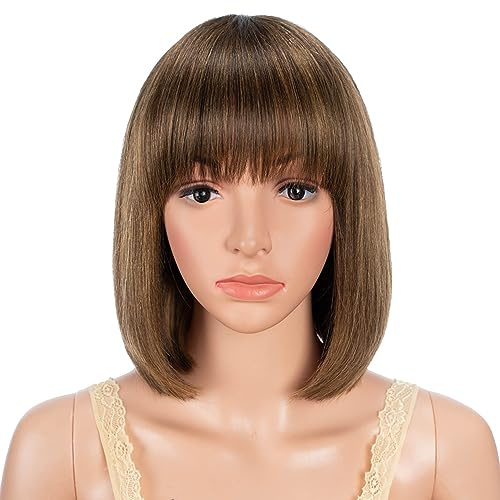 JOEDIR HAIR Bob Parrucca di capelli veri con frangia per donne nere, punto forte marrone, realizzata a macchina (25 cm, P4/27)