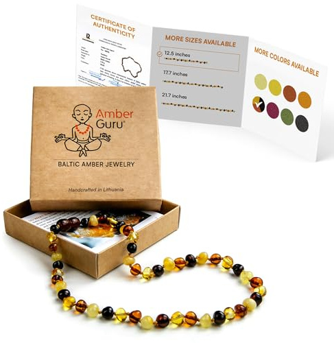 Amber Guru Baltic Amber Necklace (Authentic, Certified) - 12.5 inches - Unisex Jewelry - Polished Real Amber Beads - Proud to Deliver Genuine Baltic Sea Wonder Handmade (Multi)