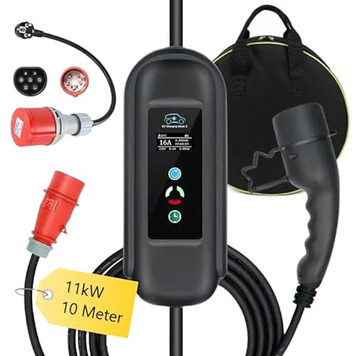 Tragbare Mobile Wallbox 11kW mit 10 Meter Typ2 Ladekabel und CEE Stecker 16A Rot 3-Phasen & Adapter für Schukosteckdose, mit Display regelbar 8/10/13/16 A für VW, Tesla, BMW, Skoda, Kia, Hyundai