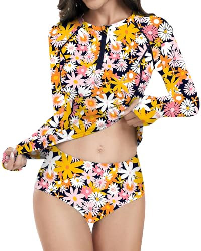 WOWENY Damen 2 Stück Set Badeanzug Schwimmshirt Langarm 1/4 Zip badeshirt Rashguard Sonnenschutz Swimsuits Bademode surf Shirt Strand Swimming,PD,M