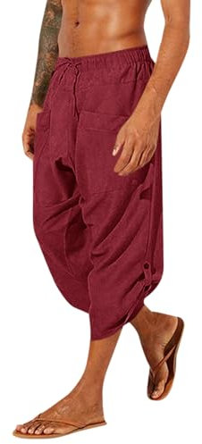 Gafeng Mens Linen Harem Capri Pants Drawstring 3/4 Shorts Casual Beach Yoga Hippie Thai Pants Burgundy