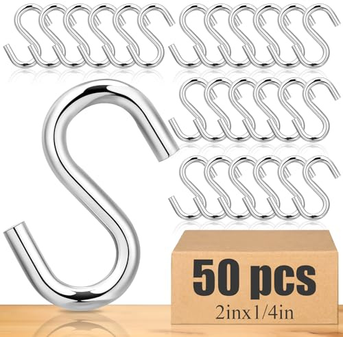 MorningRo 50 Pcs S Hooks, 2 Inch Long 1/4 Inch Thick Strong Zinc Plated Utility Hooks Heavy Duty S Shaped Hooks for Hanging Hammock Stand Swing Buckets or Mesh Bags