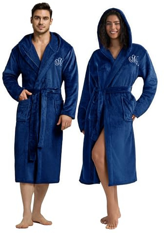 AW BRIDAL 2Pcs Matching Robes for Couples Flannel, Monogrammed Mr and Mrs Bathrobes with Hood, Long His and Her Spa Robes for Unisex, Wedding and Bridal Shower Gifts for Bride Groom, Royal Blue