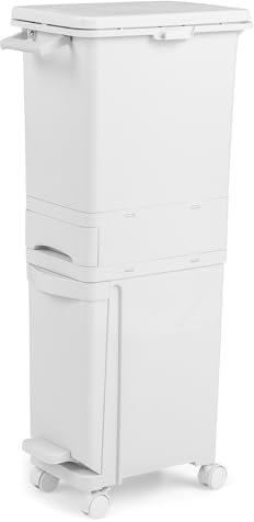 TANGZON Recycling Bins for Kitchen, Vertical Rubbish Waste Separation System with Middle Drawer, Classification Stickers, Handle & Wheels, 30L Multifunctional 3 Compartments Trash Can Garbage Bin
