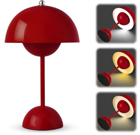 LED Tischlampe Kabellos, Akku Nachttischlampe Pilz, Pilzlampen Tischlampe Touch Dimmbar mit 3 Helligkeitsmodi, 3000k-6000k Retro Led Tischleuchte Aufladbar für Schlafzimmer, Büro, Restaurants, Weinrot