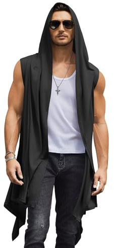 COOFANDY Black Shawl Men Hooded Sleeveless Kimono Robe Long Cardigan Hoodie Ruffle Collar Summer Cardigans Vest