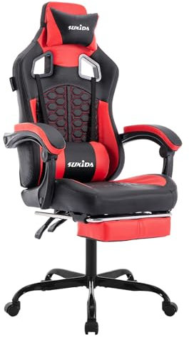 SUKIDA Silla ergonómica para Videojuegos con reposapiés, reposacabezas para Silla de Videojuegos, Silla de Videojuegos, Altura Ajustable, Soporte Lumbar para Oficina en casa y Juegos, Color Rojo