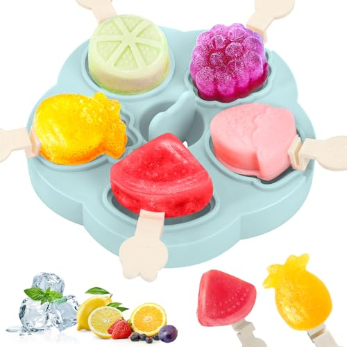 PITMT Stampi per Ghiaccioli, 5 Fori Formine per Ghiaccioli Silicone Senza BPA per Bambini e Neonati, Mini Ghiaccioli Stampo con Bastoncino e Coperchio, Riutilizzabili Fai Da Te Stampi per Gelati