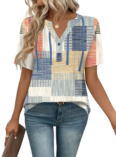 IECCP Women Tops V Neck T Shirts Summer Dressy Tunic Pleated Clothes Casual Short Sleeve Fashion Blouses Shirts Colorful Plaid S (UK 8-10)
