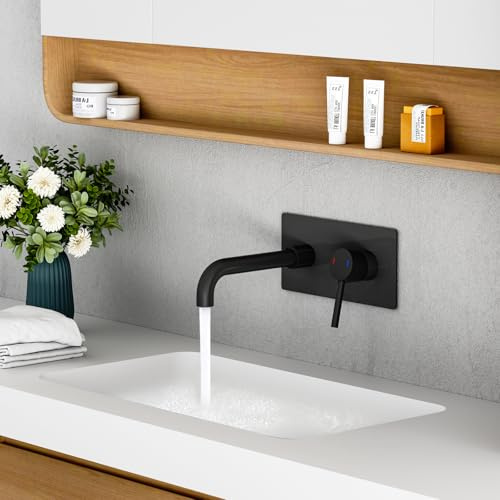 ROVOGO Black Wall Mounted Basin Mixer Tap with Escutcheon & Concealed Stainless Steel Body 304 for Bath or Tub, 2-Hole Bathroom Basin Tap with 360° Rotatable Spout, Single Lever Bathroom Sink Faucet