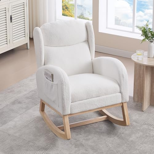 Aislinglen Sedia a dondolo, poltrona relax con struttura in legno, poltrona soggiorno con poggiapiedi regolabile, sedia da allattamento con schienale alto, poltrona da lettura con tasca, tessuto Teddy
