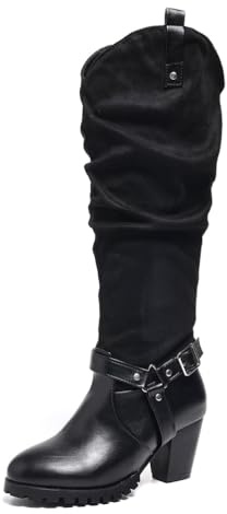 TNMIUH Bottes Hautes Femmes, Cuir Noir, Talon Bloc 6.5cm, Style Plissé avec Boucles Décoratives, Bottes Slouchy Automne-Hiver,Noir,46.5 EU
