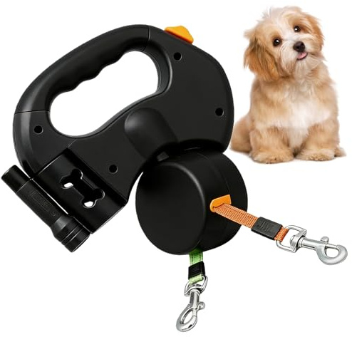BAIFULAI Indragbart hundkoppel för 2 hundar, 3 m dubbelt koppel för 2 hundar med ljus, halkfritt handtag, utdragbart, rullkoppel för liten och medelstor hund (svart)