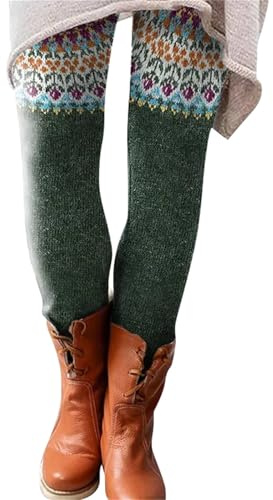 Leggings para mujer, multicolor, estampados, de algodón, de cintura alta, térmicos, ajustados, patrones de punto nórdicos, leggins elegantes, leggings de punto justo, pantalones elásticos, verde, M