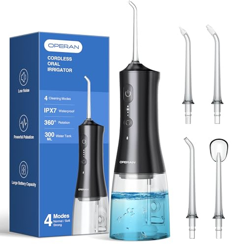 Operan Munddusche Kabellos, Tragbar Elektrische Zahndusche 4 Modi & 4 Düsen, 300ML Oral Irrigator Munddusche Testsieger für Entfernt Speisereste und Reinigt Die Zähne (Gloss Black, 1Pack)