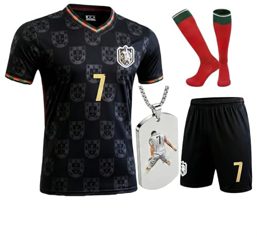 Alorsict Kids Soccer Jersey Set | Uniform Kit with Shirt Shorts Socks #7 Necklace for Boys Girls,School Sports Training Match (C.R.Black#7, 11-12 Years)