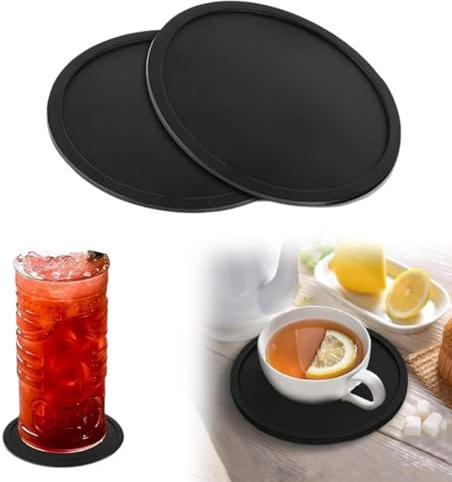 2Psc Black Silicone Coasters Set, 10cm Round Drink Coasters, Non-Slip Cup Mats, Thickened Drink Coasters for Coffee, Beer, Wine Glasses, and Bottles, Prevents Furniture and Tabletop Damages