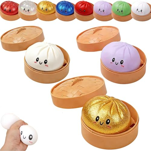 Dumplings Squishy, Squishy Dumpling Toy, Glitter Dumplings Squishiest with Steamer Box, Stress & Anxiety Relief Toys for Kids & Adults Non-Edible for Home Office (3Pcs-B)
