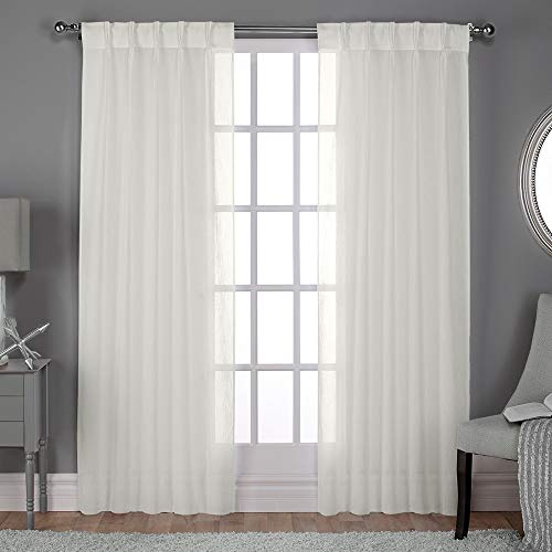 EXCLUSIVE HOME Belgian Textured Linen Look Sheer Pinch Pleat/Hidden Tab Top Curtain Panel Pair, 96 Length, Snowflake