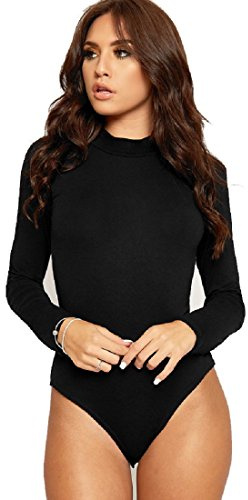 Red Olives® Womens Ladies Plain High Polo Turtle Neck Long Sleeve Bodysuit Leotard Top UK 8-14 (16/18, Black)