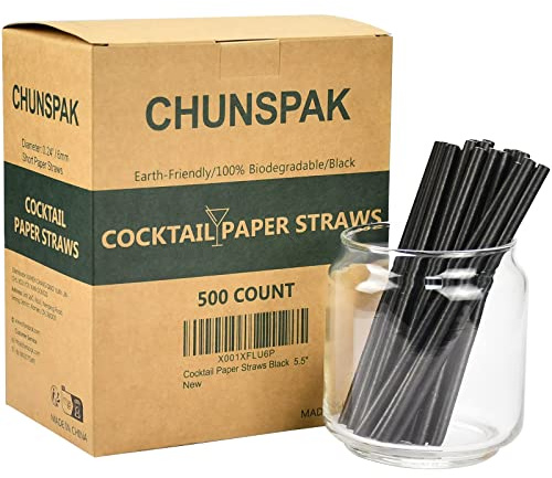 Short Paper Straws Bulk 5.5 inch - 500 ct. Disposable Black Paper Drinking Straw, Sip Stirrers for Cocktail, Coffee and Short Drinks