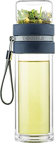 T-BOTTLE - Bottiglia da tè to Go, in vetro a doppia parete, 300 ml, colore: Blu denim