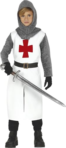 FIESTAS GUIRCA | Costume de Templier Enfant (5-6 ans) - Capuche, Veste, Ceinture et Pantalon - Costumes Médiévaux pour Halloween, Carnaval et Fêtes de Chevaliers - Idéal pour Enfants - Blanc et Gris