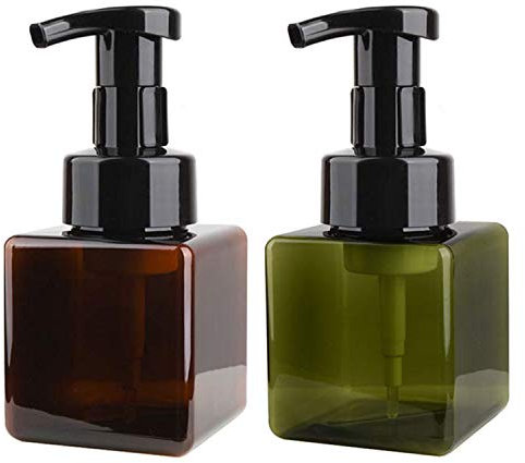 Alledomain 2Pcs 250ml (8.5oz) Empty Foaming Pump Bottles, Refillable Plastic Square Foam Soap Dispenser Liquid Hand Container for Cleaning, Travel, Cosmetics, Liquid Soap, Body Wash (Green + Brown)