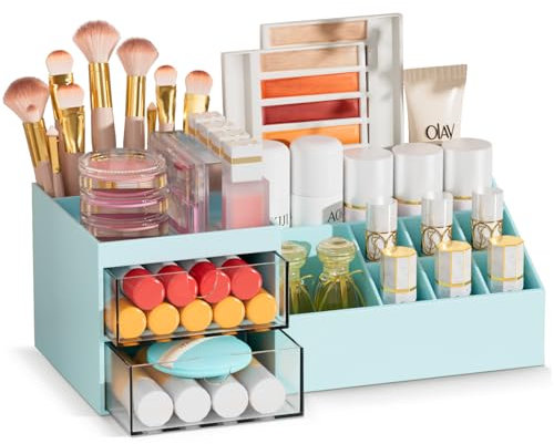 Subsky Porta Trucchi con Cassetti, Organizer per Trucco Multifunzione, Organizzatore Cosmetici da Tavolo, Scatola per Trucco con Grande Capacità per Crema, Profumo e Pennelli (Blu)
